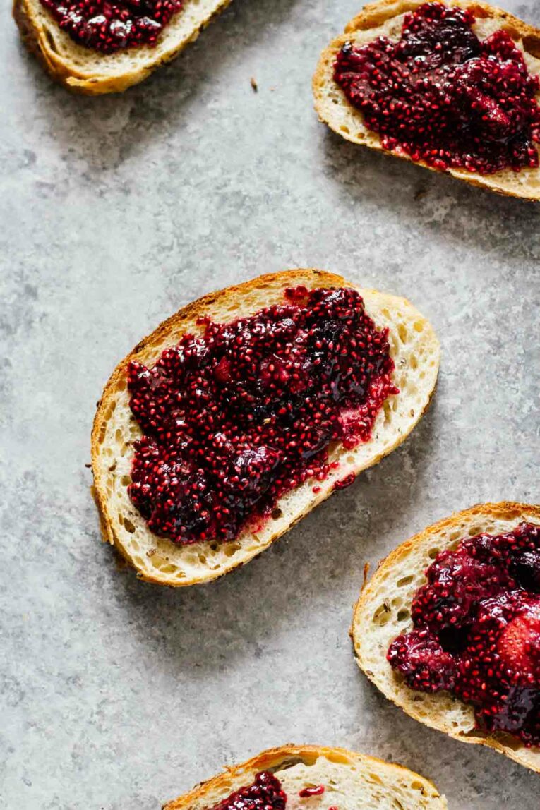 Triple Berry Chia Seed Jam! Vegan, vegetarian, gluten free, and refined sugar free. Make it in about 15 minutes and refrigerate it for up to 2 weeks!