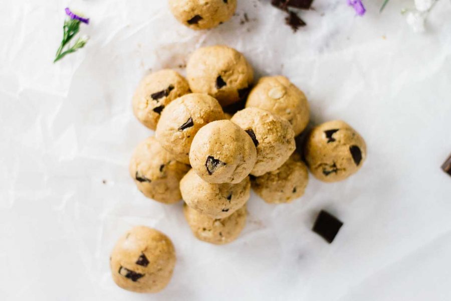 Chocolate Chip Cookie Dough Energy Bites on a white background. Perfect healthy snacks for work!