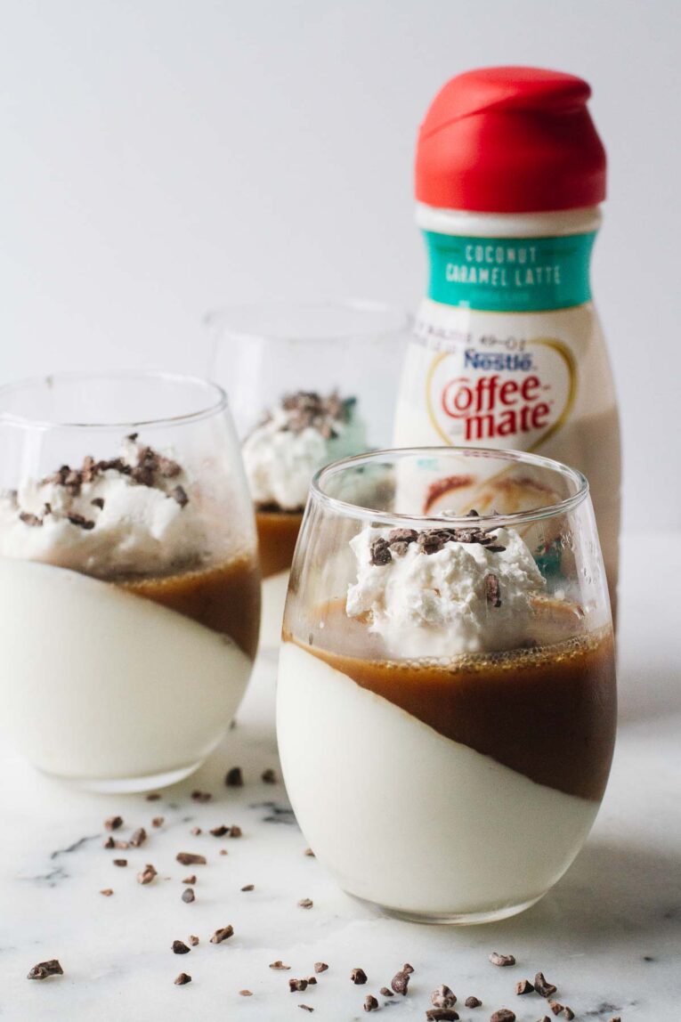 Coffee Panna Cotta with Coffee-mate in the background.