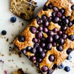 An overhead shot of Gluten Free Blueberry Bread on marble