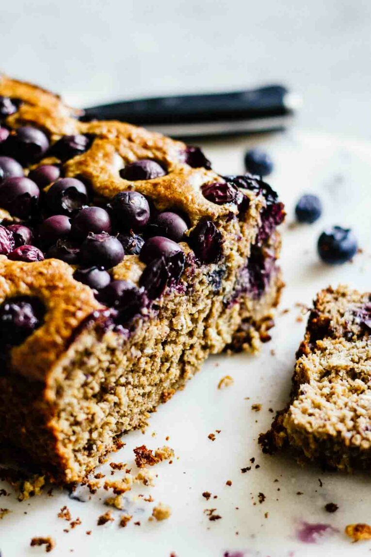 A close up of Gluten Free Blueberry Bread cut into slices