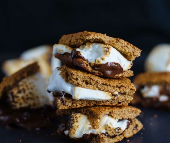 Stack of Healthy S'mores on a black background.