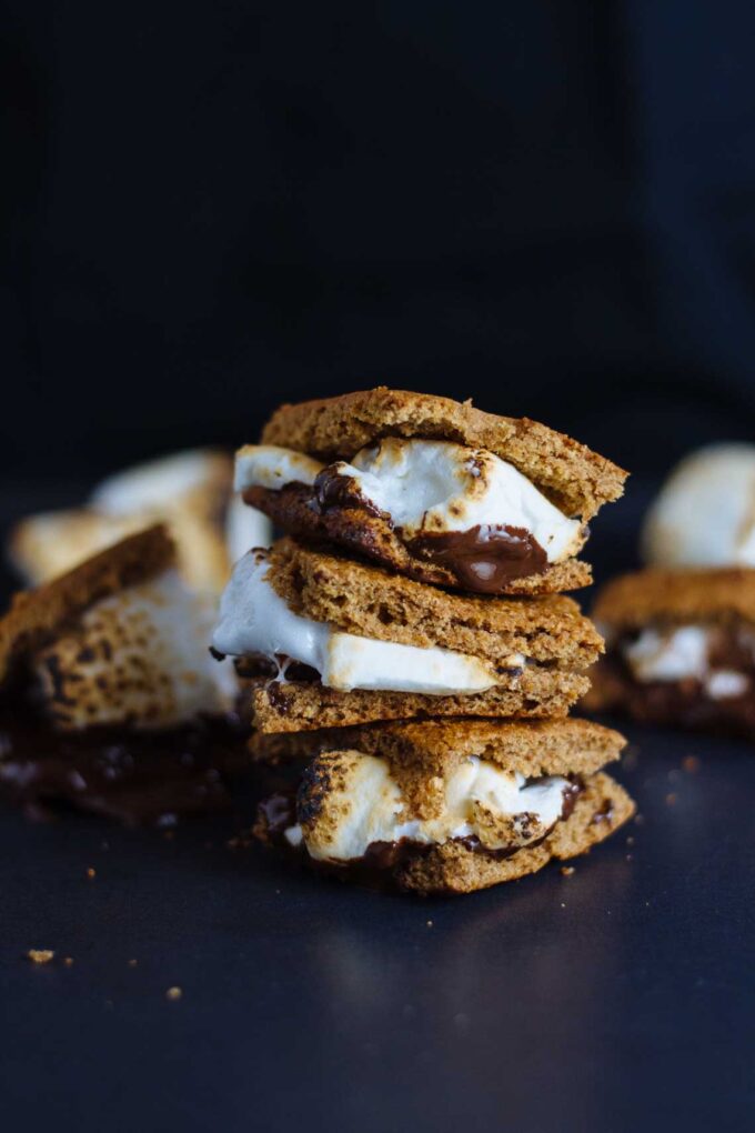 Stack of Healthy S'mores on a black background.