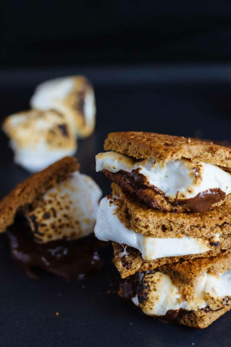 Stacked Healthy S'mores with homemade marshmallows.