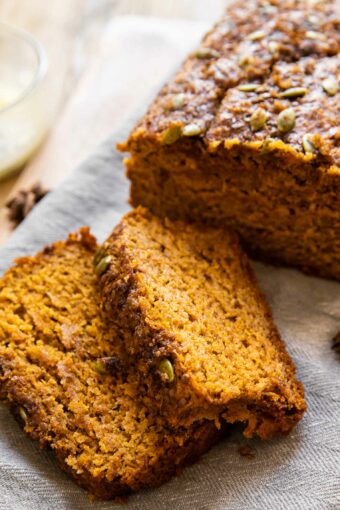 Easy Healthy Pumpkin Bread Recipe on a napkin.