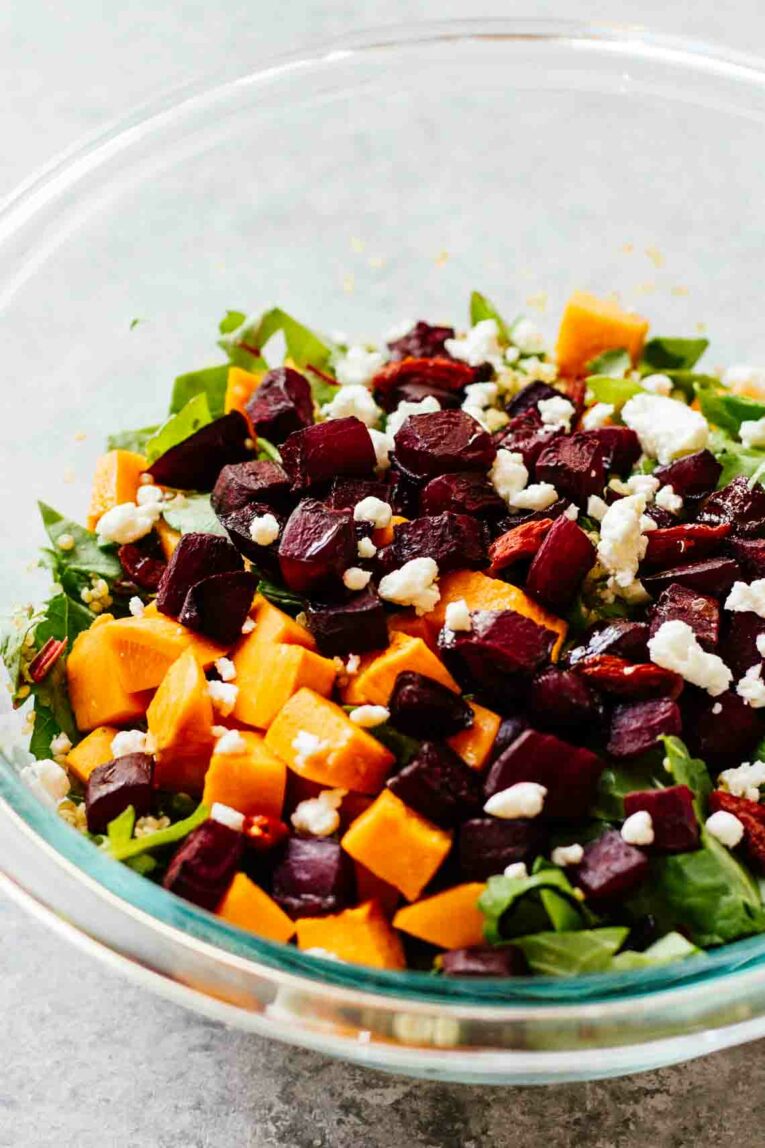 Roasted Beets & Sweet Potato Salad in a glass bowl