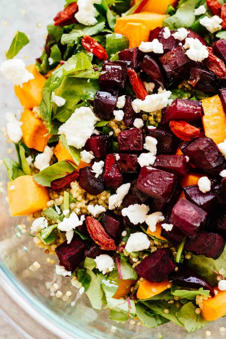 close up shot of Roasted Beets & Sweet Potato Salad