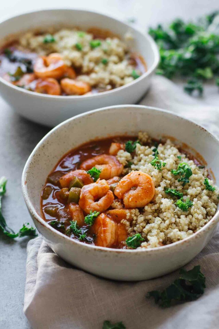 Side shot of Healthy Cajun Shrimp Gumbo served in two bowls