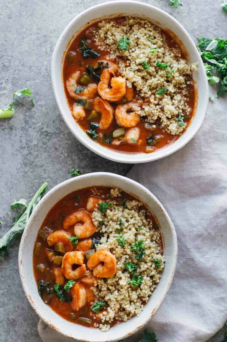 Overhead shot of Two bowls of Healthy Cajun Shrimp Gumbo