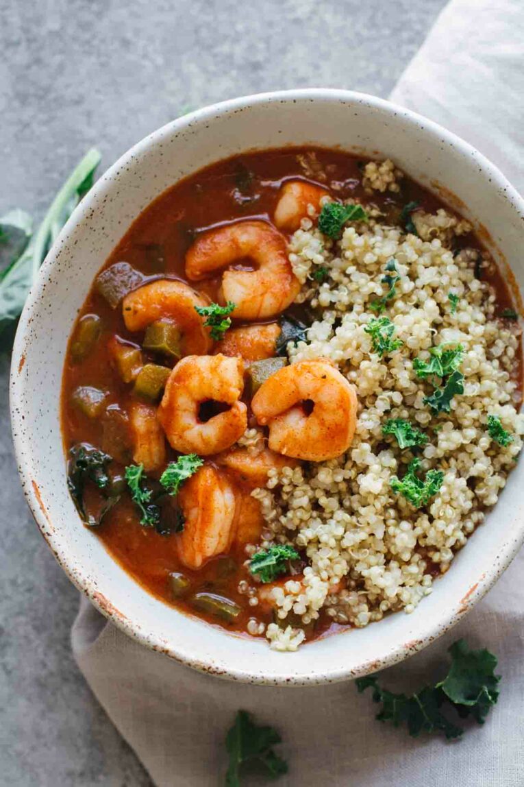 Overhead shot of Healthy Cajun Shrimp Gumbo in a bowl