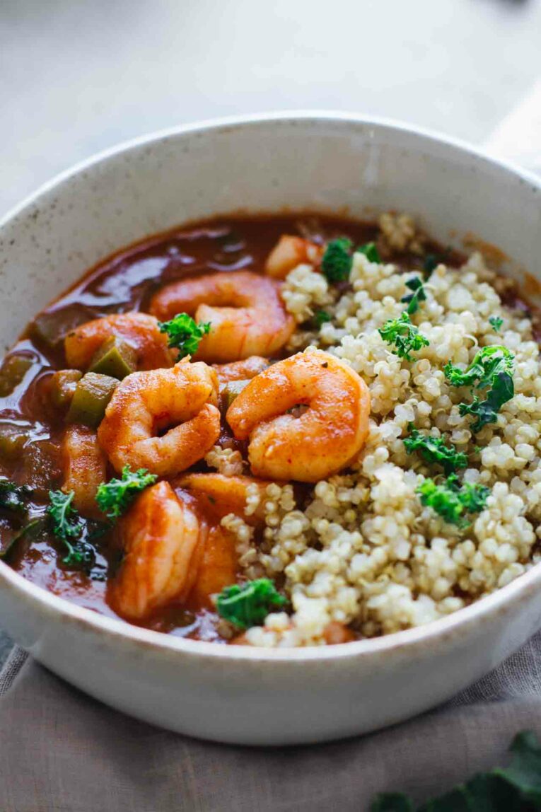 Close up shot of Healthy Cajun Shrimp Gumbo in a bowl