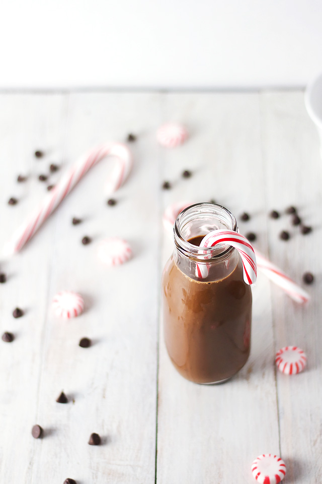 Skinny Iced Peppermint Mocha in a glass milk bottle with a candy cane