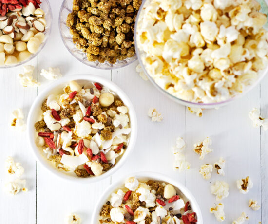 Best ever Game Day Popcorn Party Mix! Top shot photo.