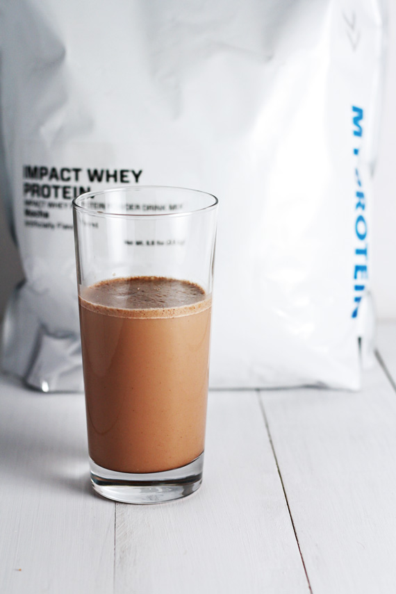 chocolate protein shake in a glass