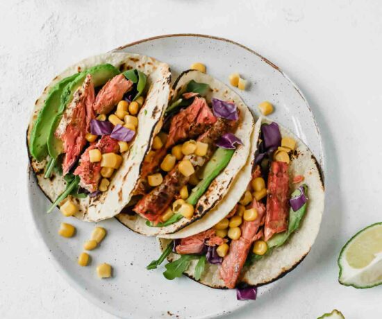 Spicy Salmon Tacos w/ Avocado Lime Dressing
