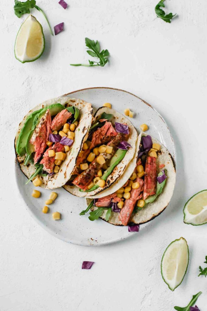 Spicy Salmon Tacos w/ Avocado Lime Dressing