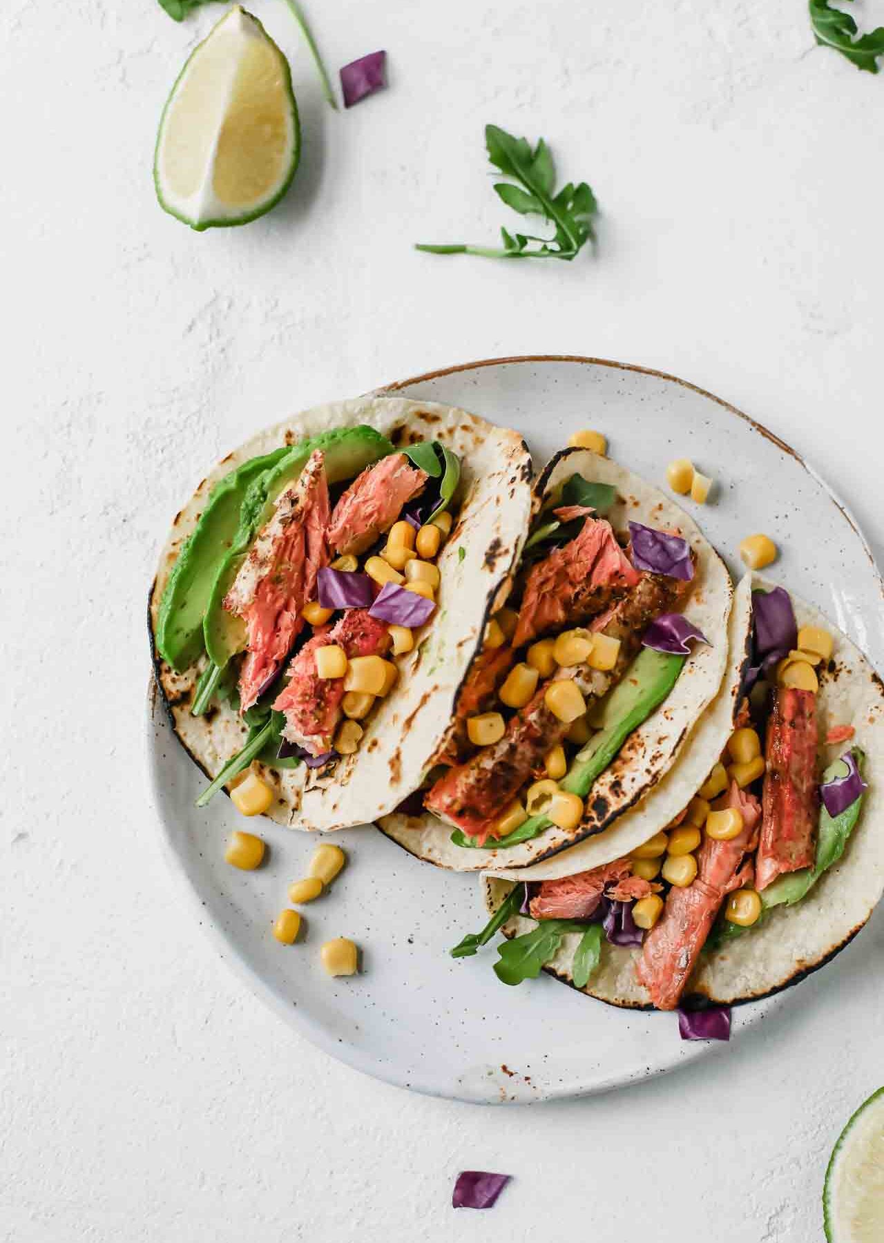 Spicy Salmon Tacos w/ Avocado Lime Dressing