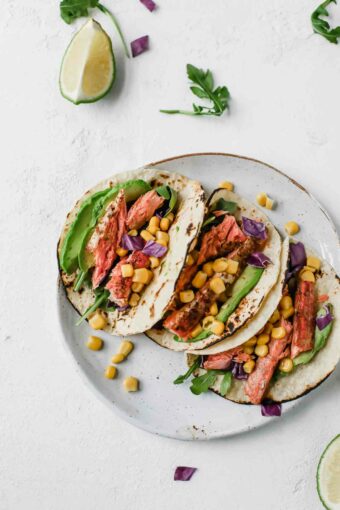 Spicy Salmon Tacos w/ Avocado Lime Dressing