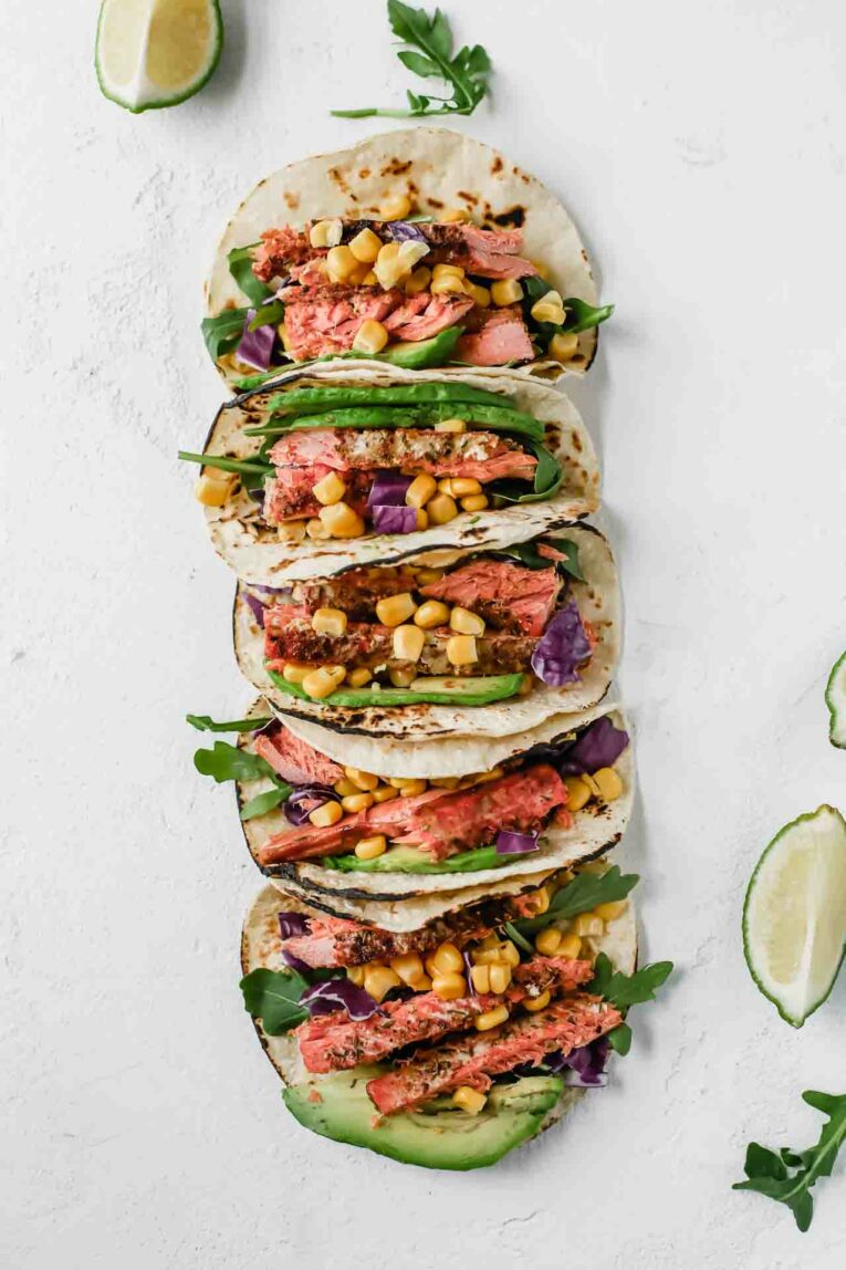 Spicy Salmon Tacos w/ Avocado Lime Dressing