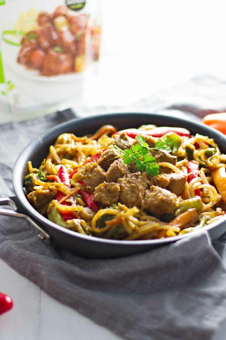 Vegan noodle stir fry recipe in a pan.
