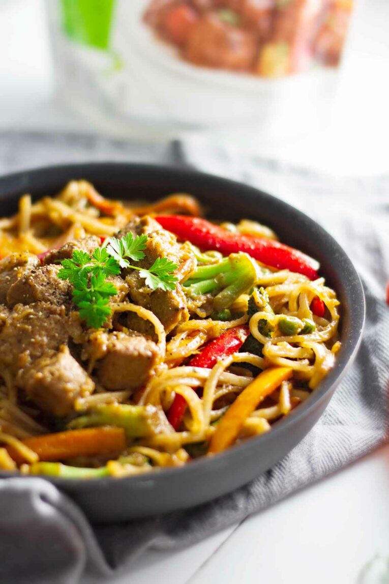 Close up of vegan stir fry recipe in a pan.