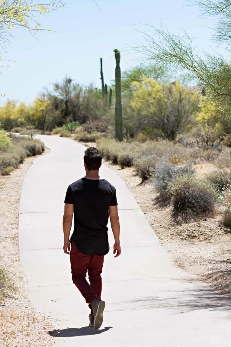 guy walking on pathway surrounded by desert plants