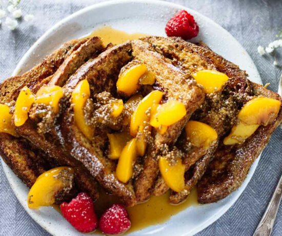 Healthy French Toast with Peach Chia Seed Compote on a plate