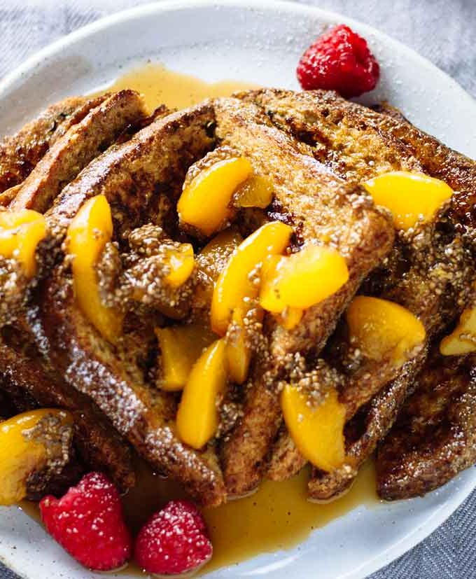 Healthy French Toast with Peach Chia Seed Compote on a plate