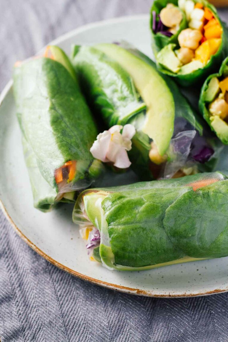 close up of  Vegan Spring Rolls on a white plate