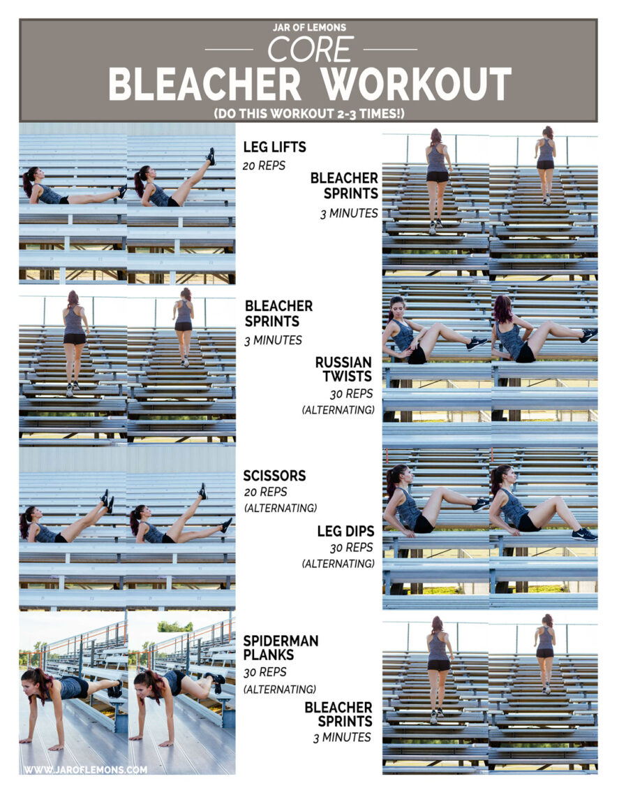 girl doing various core poses on bleachers 