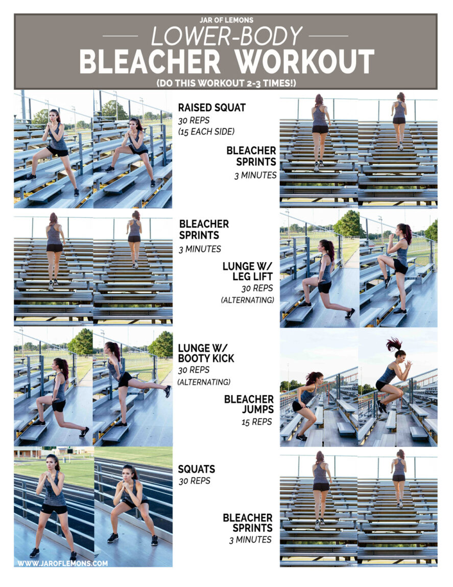 Girl doing various poses for Lower-Body Bleacher Workout on bleachers