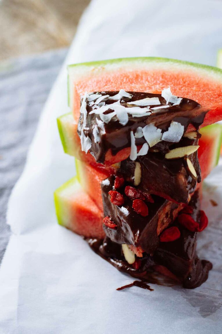Tahini-Chocolate Dipped Watermelon Wedges! Vegan, Gluten Free, Dairy Free, Refined Sugar Free. Easy to make (5 Minutes) and a deliciously healthy snack!