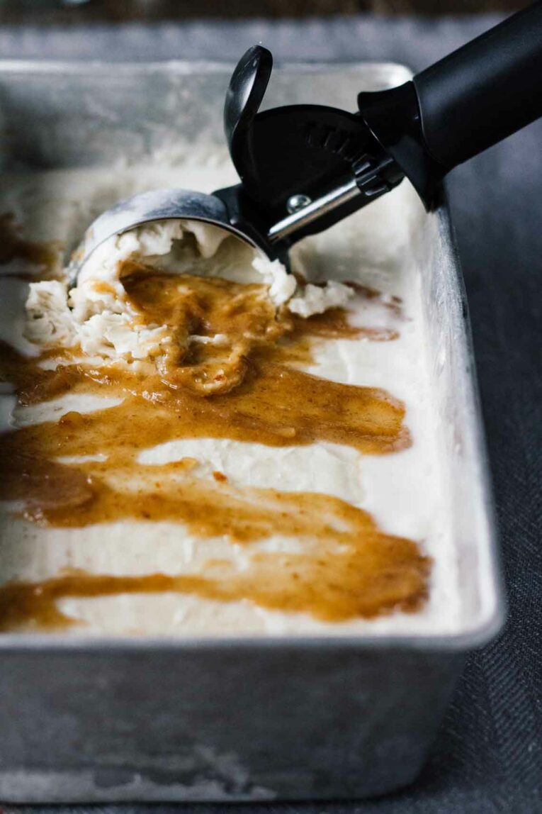 ice cream scoop scooping into Vegan Salted Caramel & Chamomile Ice Cream