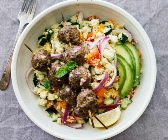 Mediterranean Salad Bowls w/ Lebanese BBQ Meatballs!
