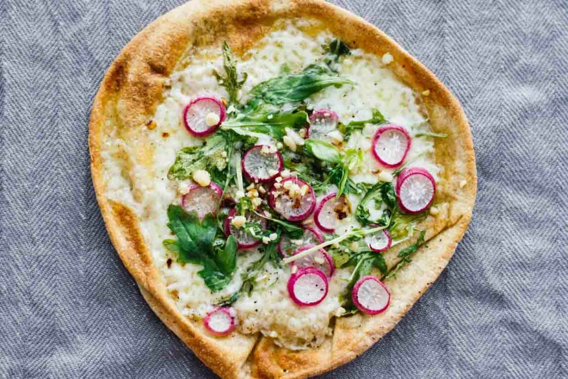 Roasted Radish, Arugula, & Havarti Pita Bread Pizzas!