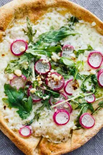 Roasted Radish, Arugula, & Havarti Pita Bread Pizzas!