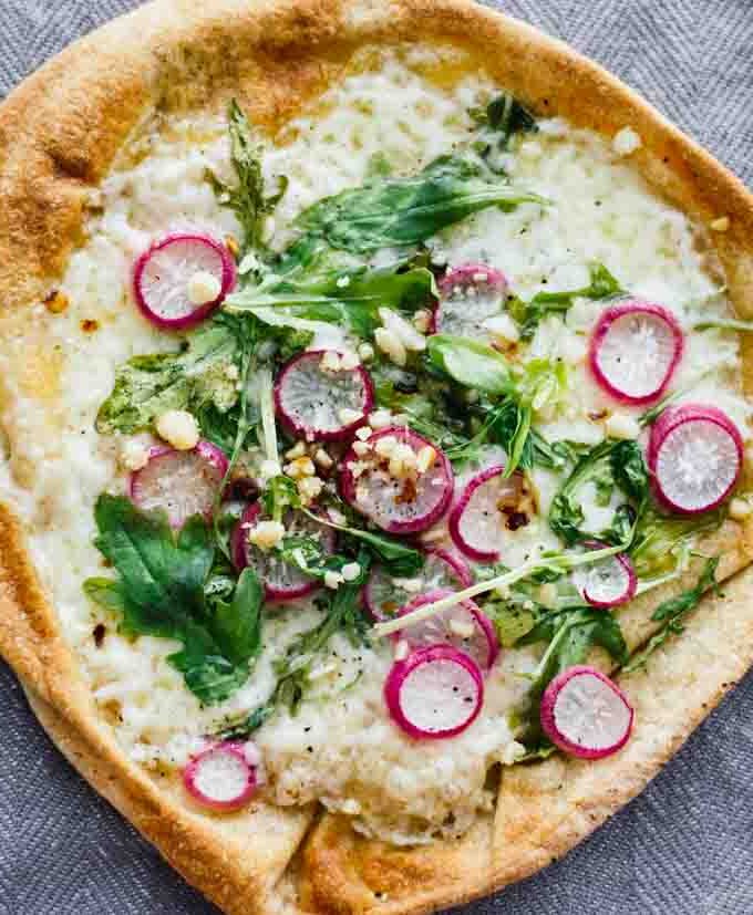 Roasted Radish, Arugula, & Havarti Pita Bread Pizzas!