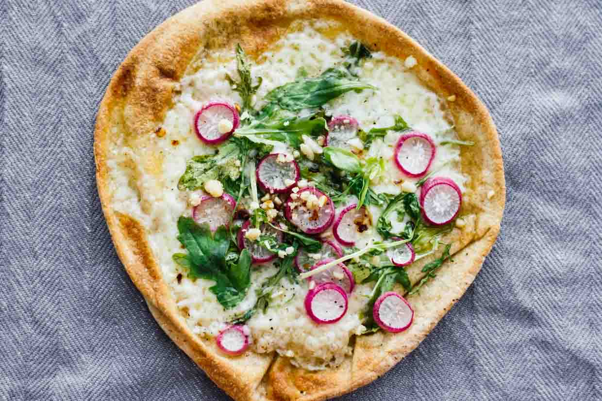 Roasted Radish, Arugula, & Havarti Pita Bread Pizzas!