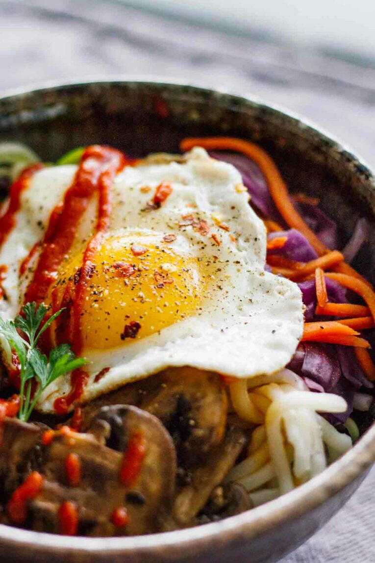 close up of Vegetarian Spicy Korean Bibimbap Bowl
