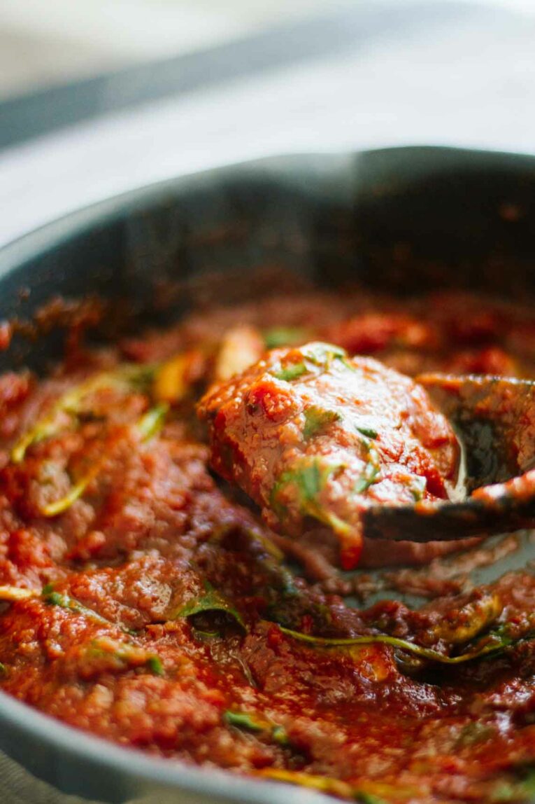 close up of pasta sauce in an cast iron skillet
