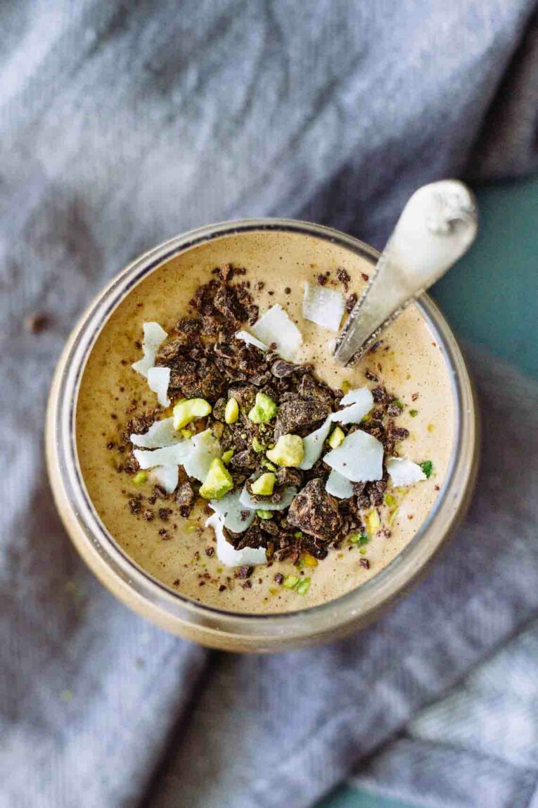 An overhead shot of a Creamy Mocha Coffee Smoothie