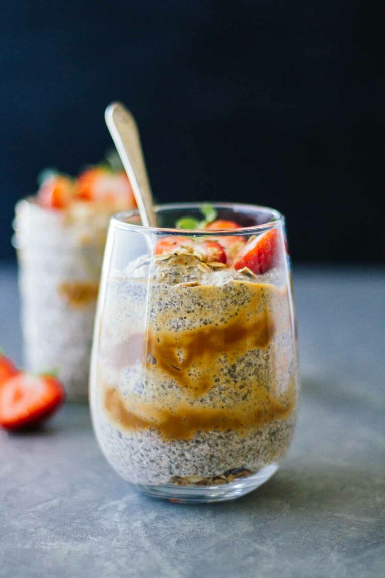 Chia Seed Parfait with Dulce De Leche and Topped with Strawberries in a Glass