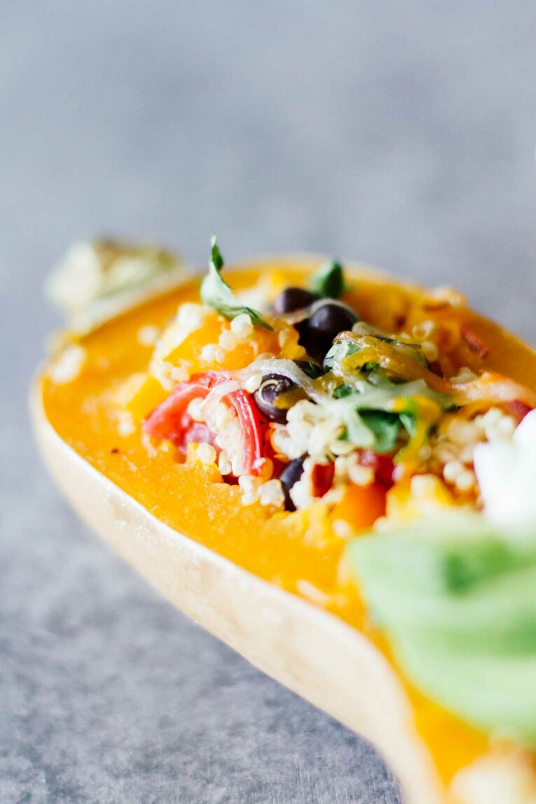 close up of Mexican Quinoa Stuffed Butternut Squash