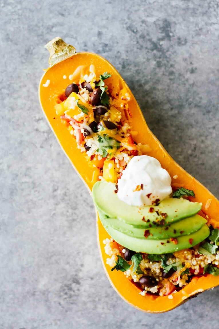 overhead view of Mexican Quinoa Stuffed Butternut Squash