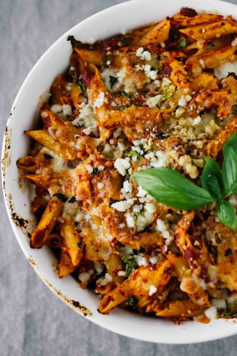 One-Pot Basil Chicken Baked Ziti! Easy, quick, healthy, and perfect for a comfort food weeknight dinner!