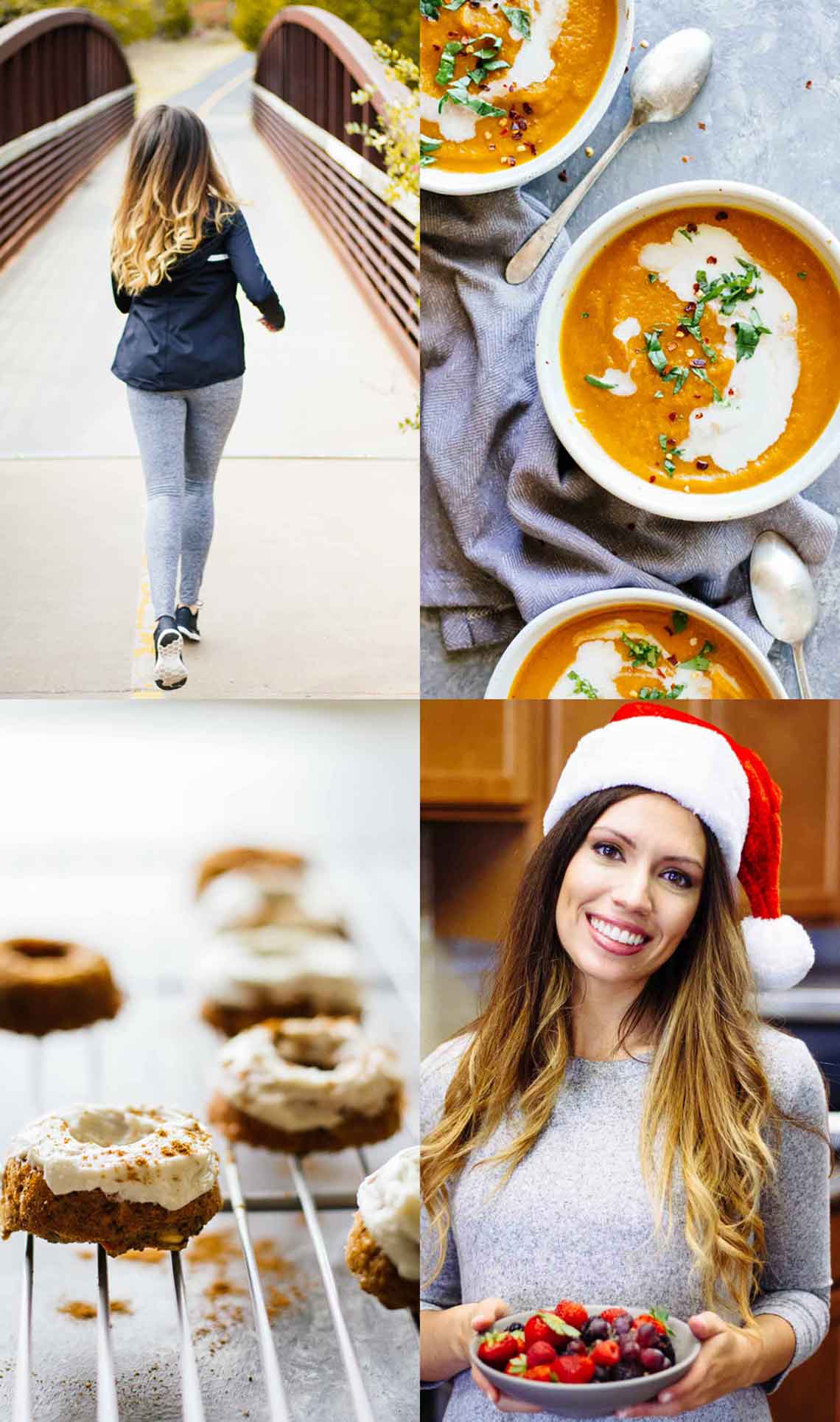 4 pictures one picture of girl running next to a picture of soup, below those photos are a picture of donuts and a picture of a girl wearing a Santa hat
