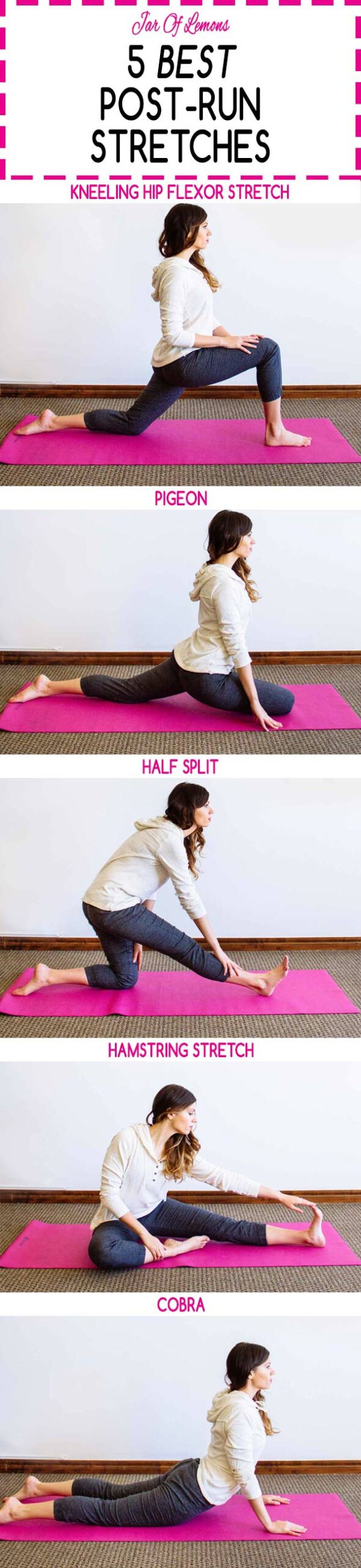 girl doing variety of poses for 5 Best Post-Run Stretches!