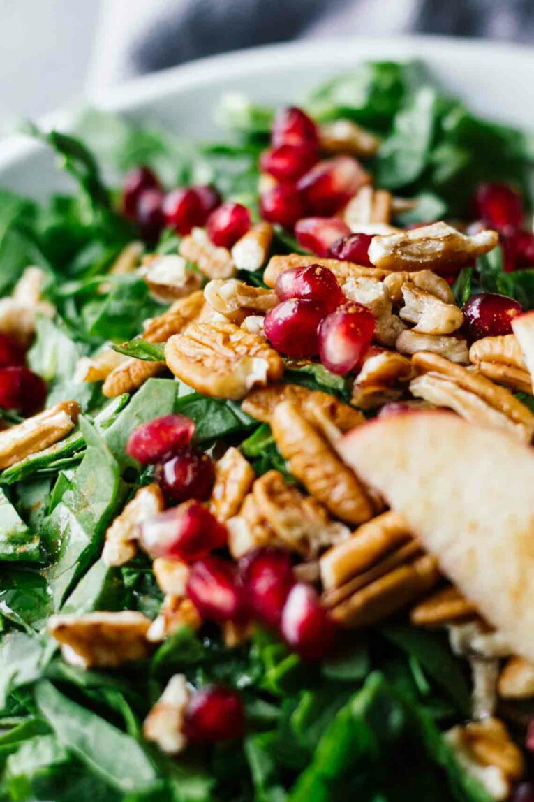 close up shot of Pomegranate Pecan Salad w/ Cinnamon Apples!