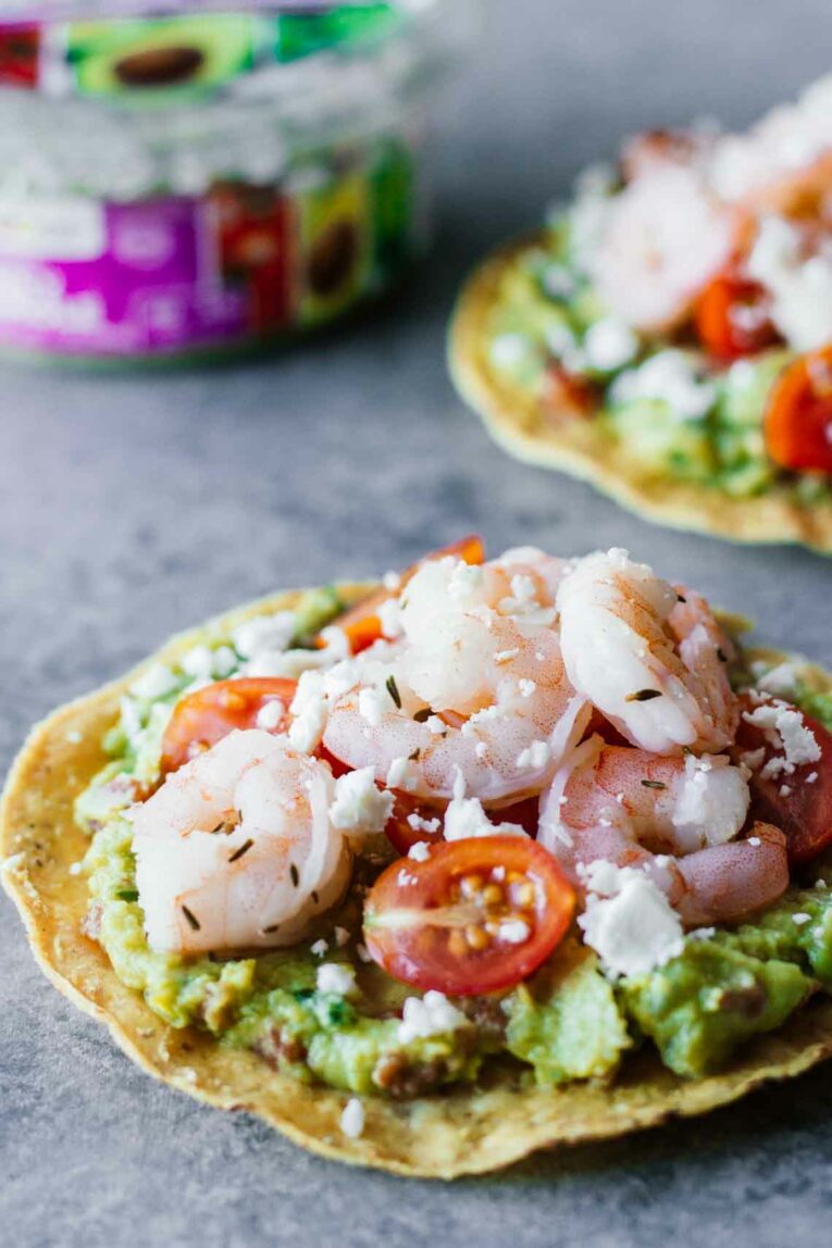 side view of Shrimp Guacamole Tostadas