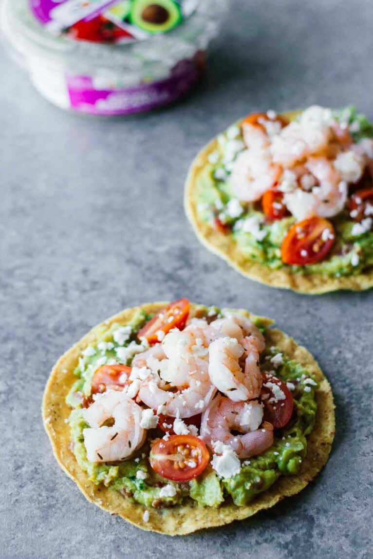Shrimp Guacamole Tostadas on grey surface